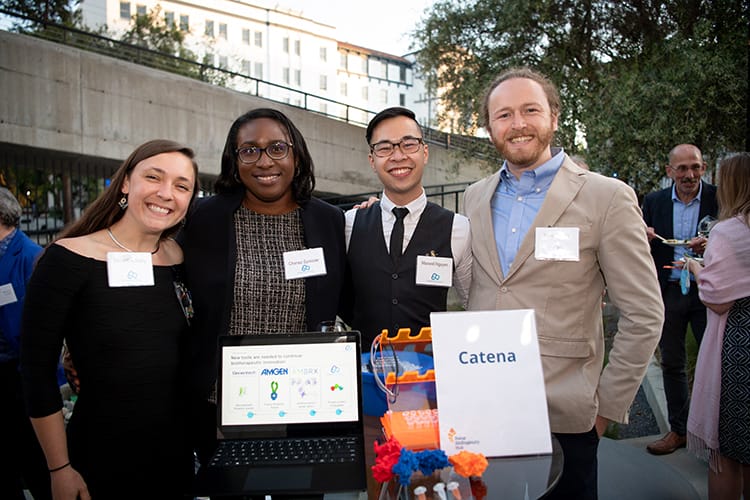 The Catena team (L-R: Samantha Brady, Chanez Symister, Maxwell Nguyen, Marco Lobba) at the opening launch event for Bakar Labs and the Bakar BioEnginuity Hub. UC Berkeley photo by Keegan Houser.