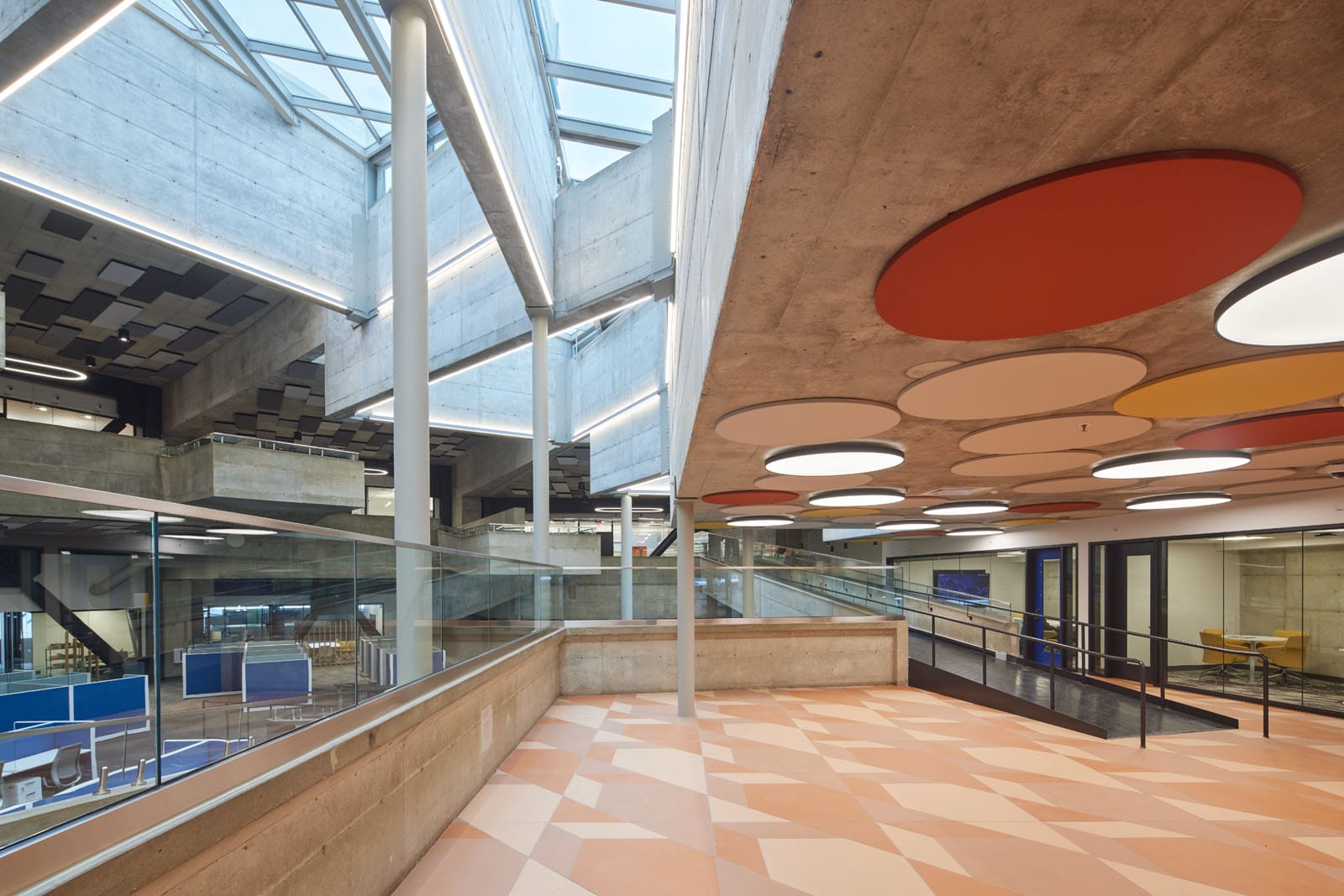 Photo of the Bakar Labs lobby, skylight, and part of the main office floor