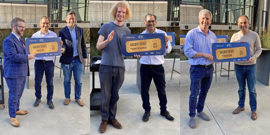 Composite of three photos of Golden Ticket winning entrepreneurs posing with award plaques