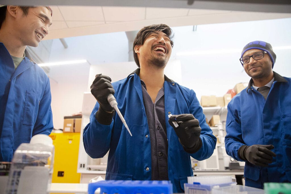 Josh Yang, Daniel Estandian, and Jai Prakash in the lab