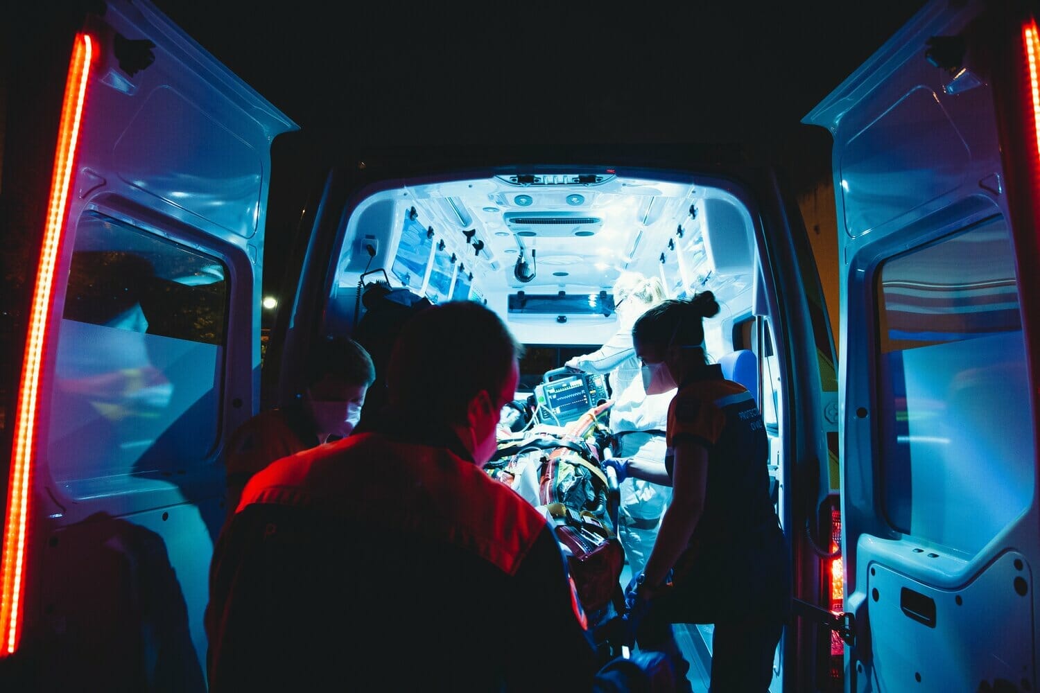 View into the back of an ambulance responding to a call