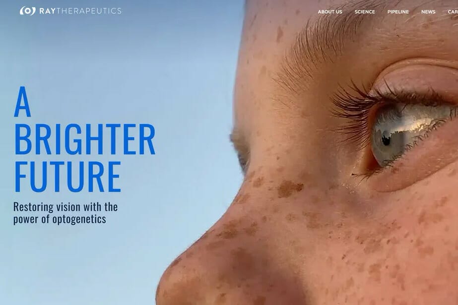 Ray Therapeutics homepage with close-up of human face and eye