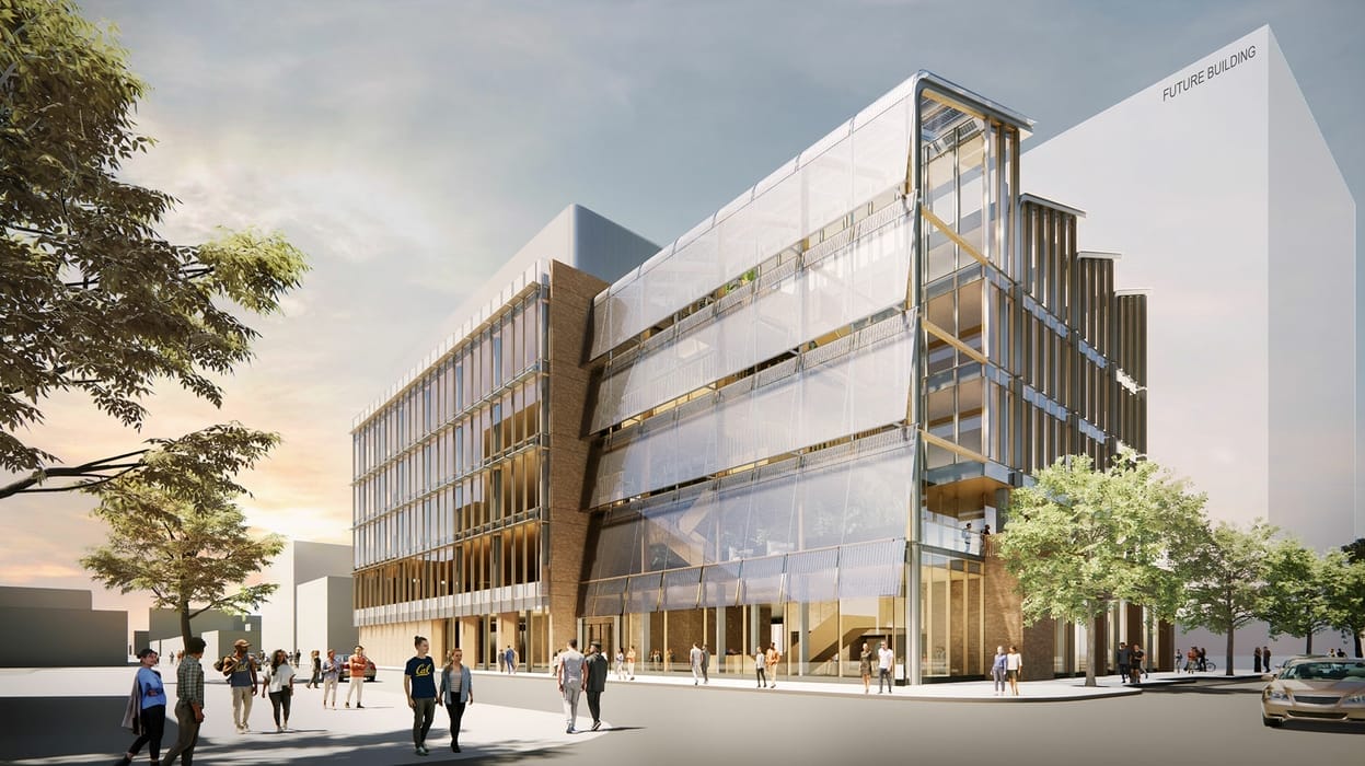 The Bakar ClimatEnginuity Hub, expected to open during the 2027-2028 academic year, will provide a home for entrepreneurs in the burgeoning field of climate technology. The donor-funded facility will be located on the west side of campus at the site currently occupied by University Hall. Rendering by Gensler